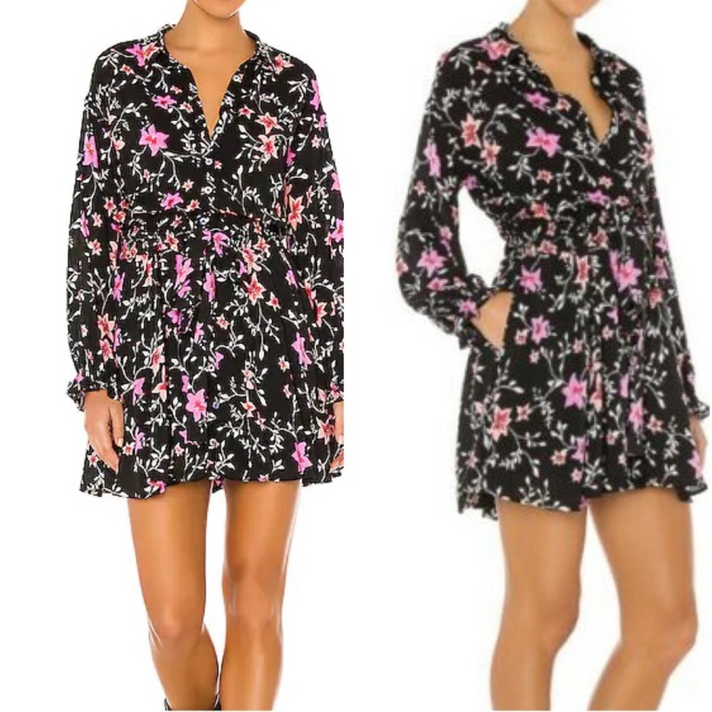 Free People Lighten Up Floral Button Up Mini Dress Black Size Medium